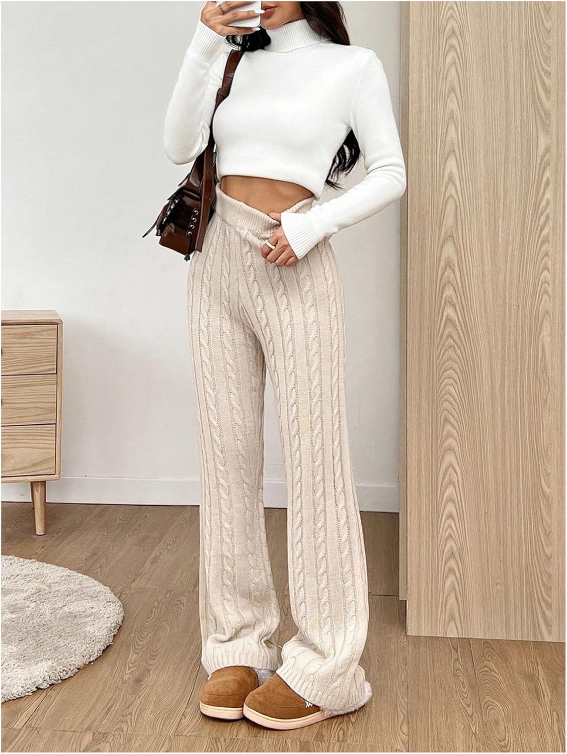 Women’s Solid Color Elastic High Waist Pants Straight Leg Knitted Pant Streetwear