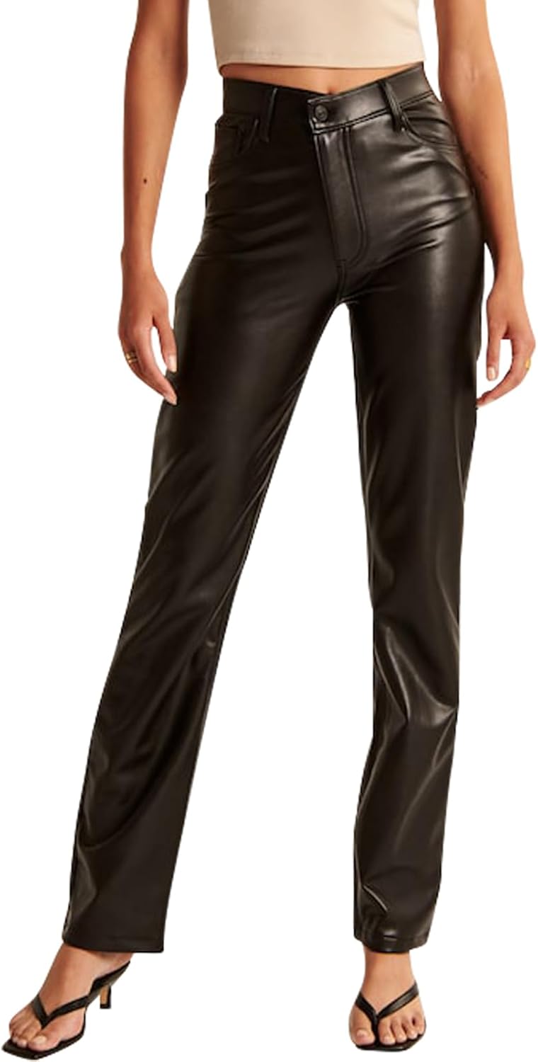 Women’s High Waist Faux Leather Pants Straight Leg Jeans Leather Look Pants