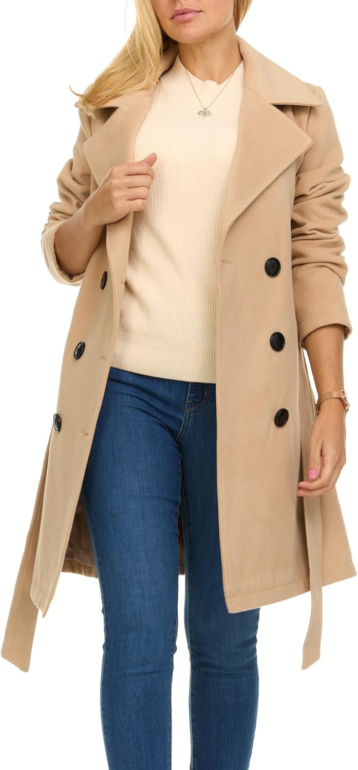 Trench Coat for Women – Double-Breasted Long Winter Faux Wool Coat
