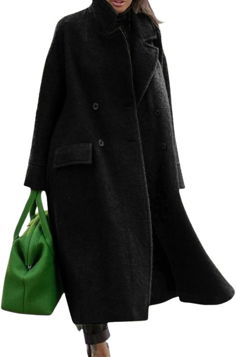 Women Oversized Long Winter Coats Warm Wool Blend Pea Trench Coat Overcoat