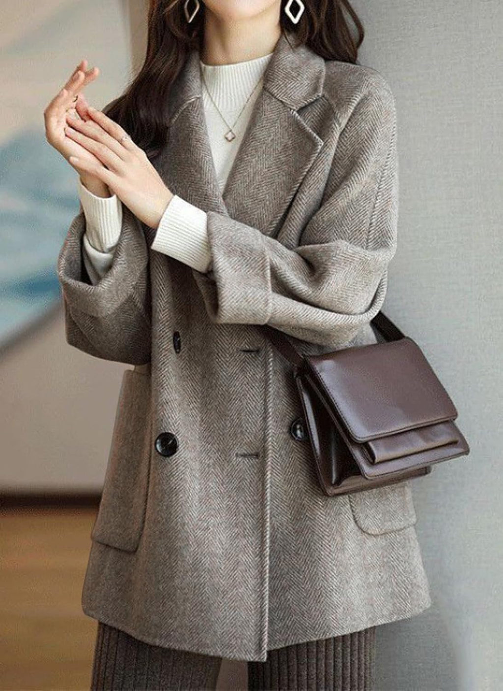 Women Wool Coat Peacoat Jacket Thick Loose Double Breasted Pea Coat Woolen Winter Overcoat