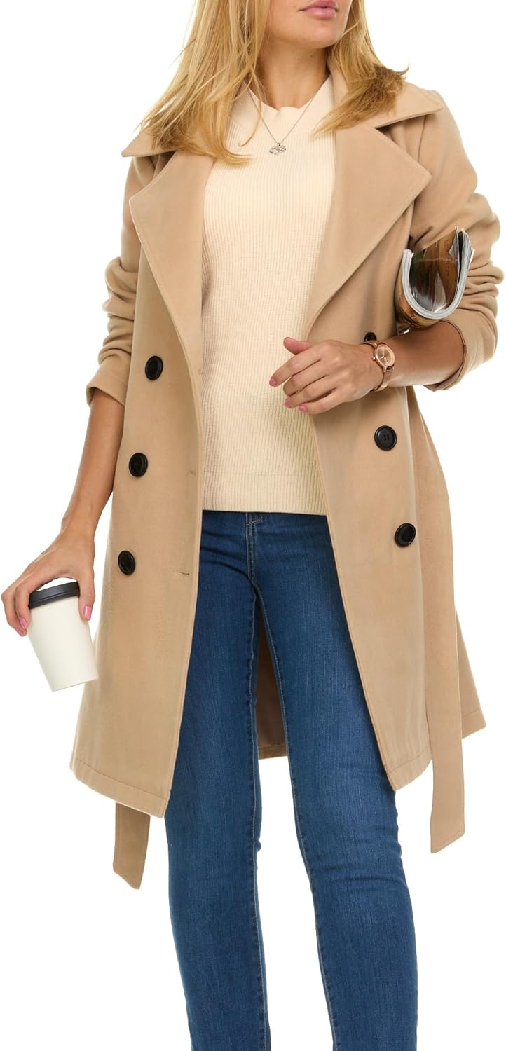 Trench Coat for Women – Double-Breasted Long Winter Faux Wool Coat