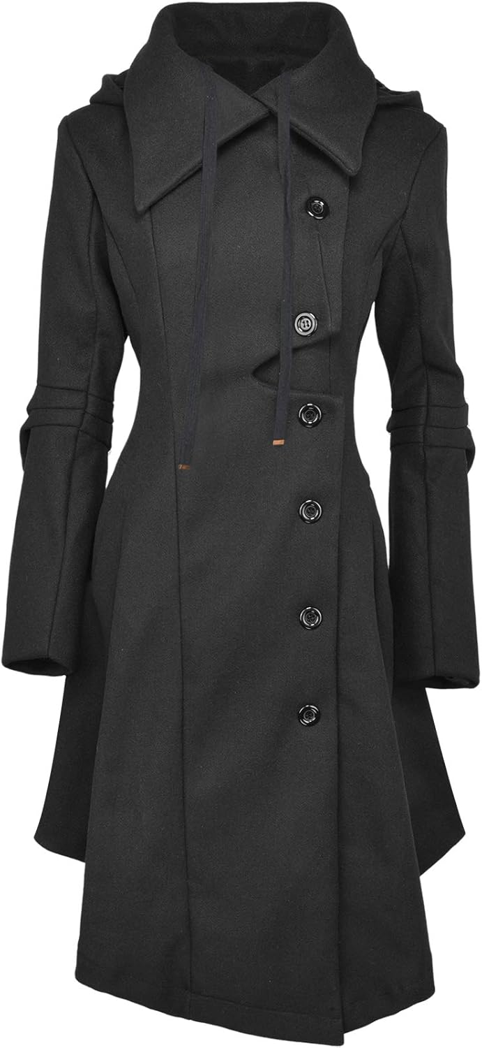 Long Trench Pea Coat for Women – Wool Winter Trench Coat Goth Lapel Peacoat Outwear Thick Hood Pea Jacket Trenchcoat
